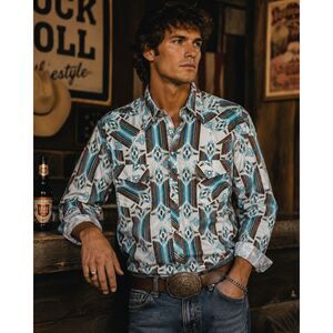 Rock & Roll Denim Pearl Snap Aztec South Western Button Up Shirt   Mens Size XL